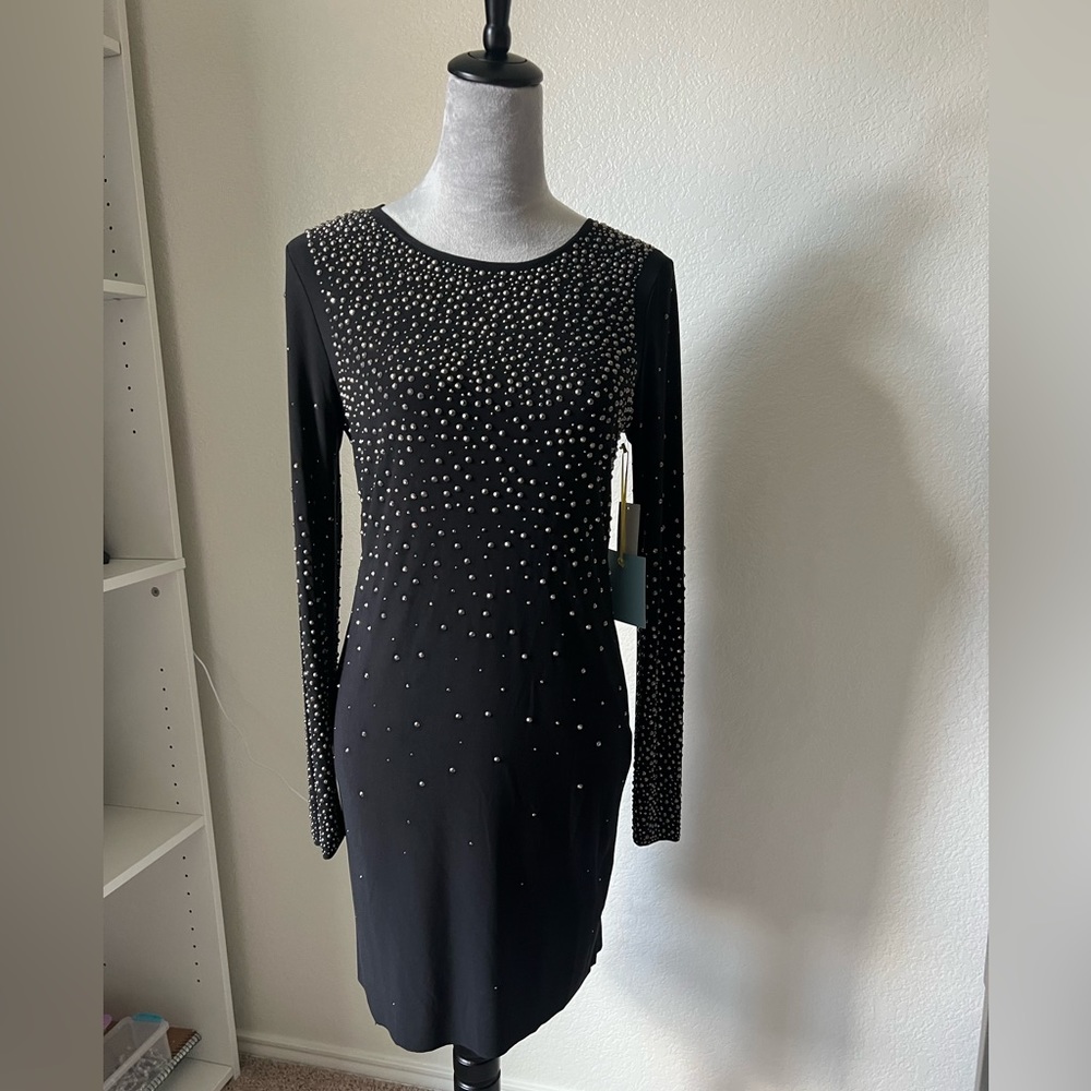 NWT CeCe Cynthia Steffe black longsleeve dress silver / gunmetal stones Small